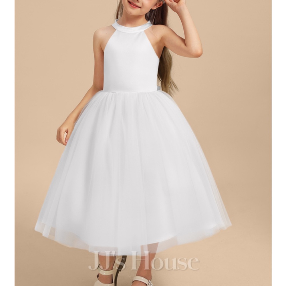 JJHOUSE PRINCESS HALTER TULLE FLOWER GIRL DRESS IN WHITE WITH BOW #419027 sz 4&6